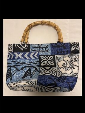 Blue Patchwork Bamboo-Handle Tote Bag barkcloth exterior